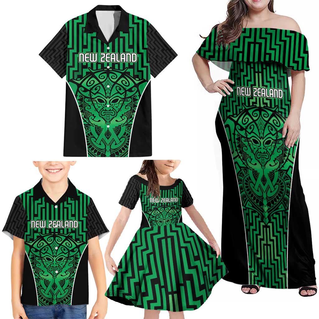 Custom Basketball New Zealand Family Matching Off Shoulder Maxi Dress and Hawaiian Shirt Green Maori Ta Moko Indigenous LT9 - Polynesian Pride