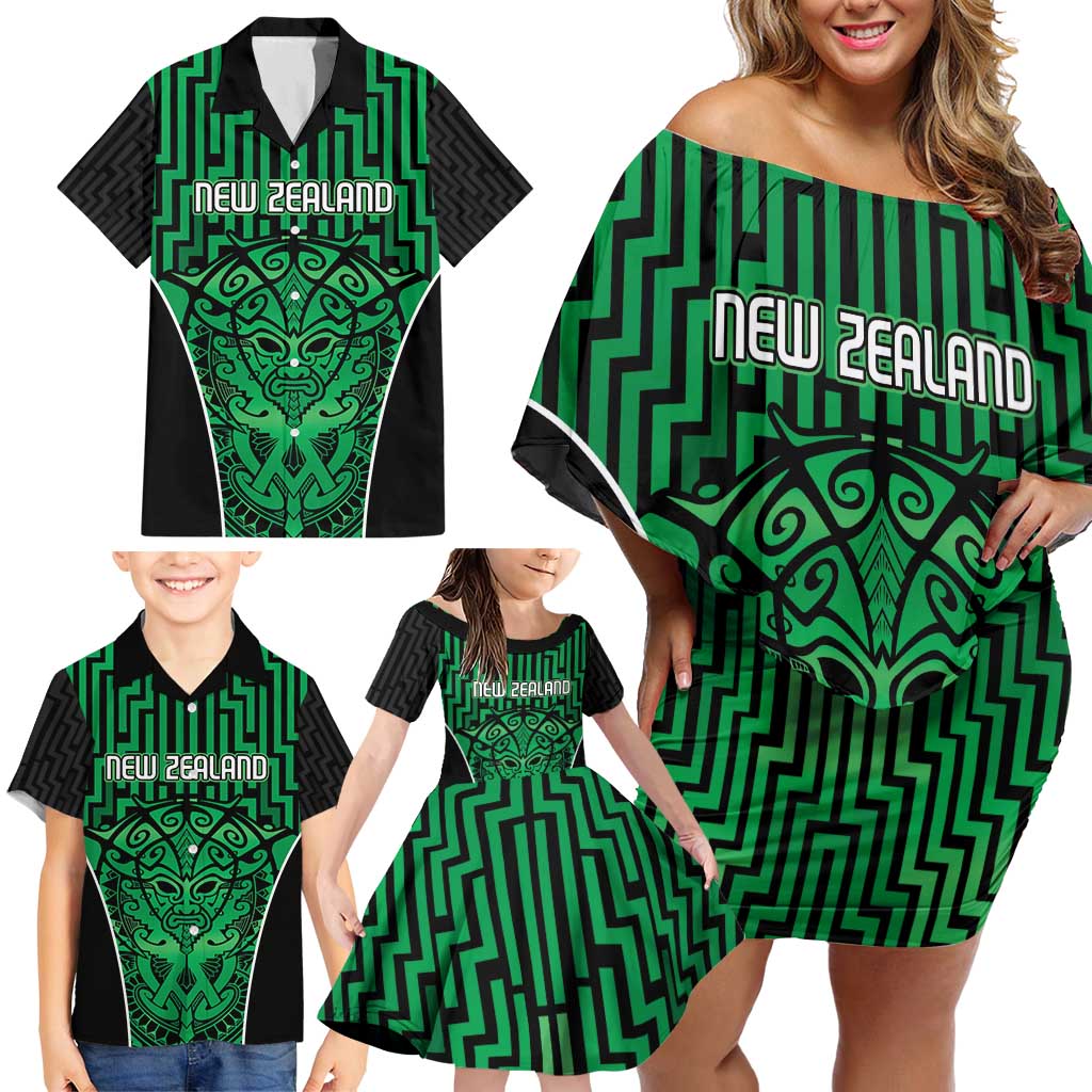 Custom Basketball New Zealand Family Matching Off Shoulder Short Dress and Hawaiian Shirt Green Maori Ta Moko Indigenous LT9 - Polynesian Pride