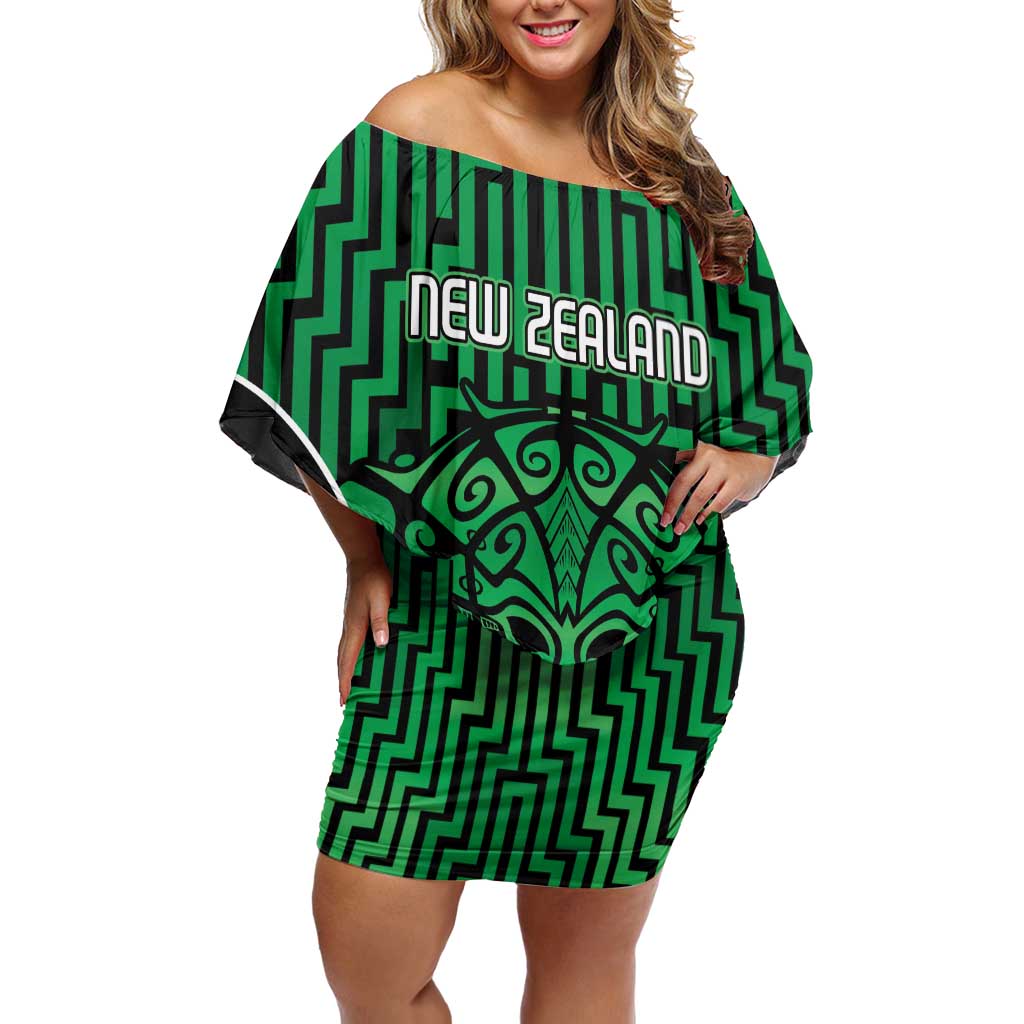 Custom Basketball New Zealand Family Matching Off Shoulder Short Dress and Hawaiian Shirt Green Maori Ta Moko Indigenous LT9 Mom's Dress Green - Polynesian Pride