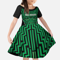 Custom Basketball New Zealand Family Matching Puletasi and Hawaiian Shirt Green Maori Ta Moko Indigenous LT9 Daughter's Dress Green - Polynesian Pride
