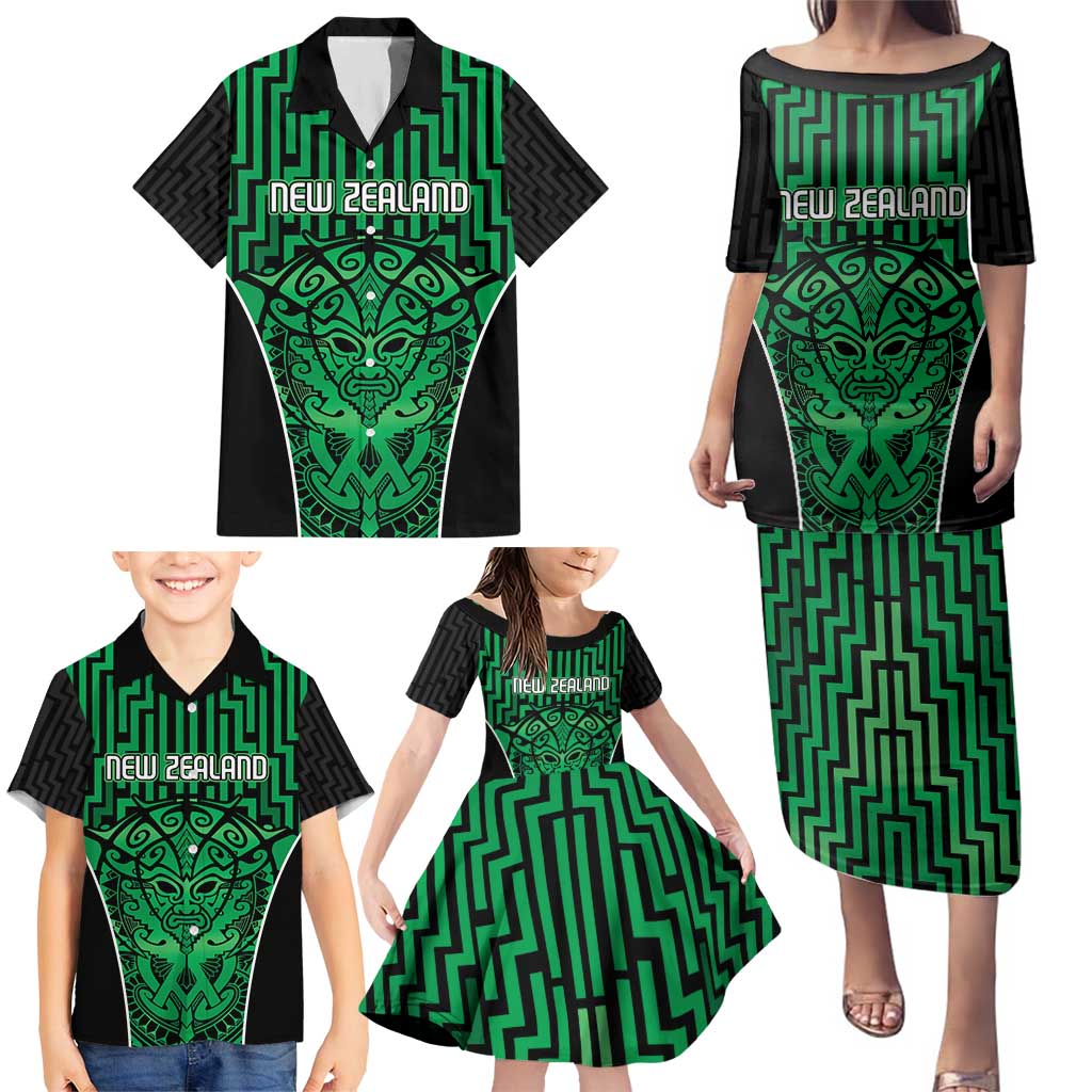 Custom Basketball New Zealand Family Matching Puletasi and Hawaiian Shirt Green Maori Ta Moko Indigenous LT9 - Polynesian Pride