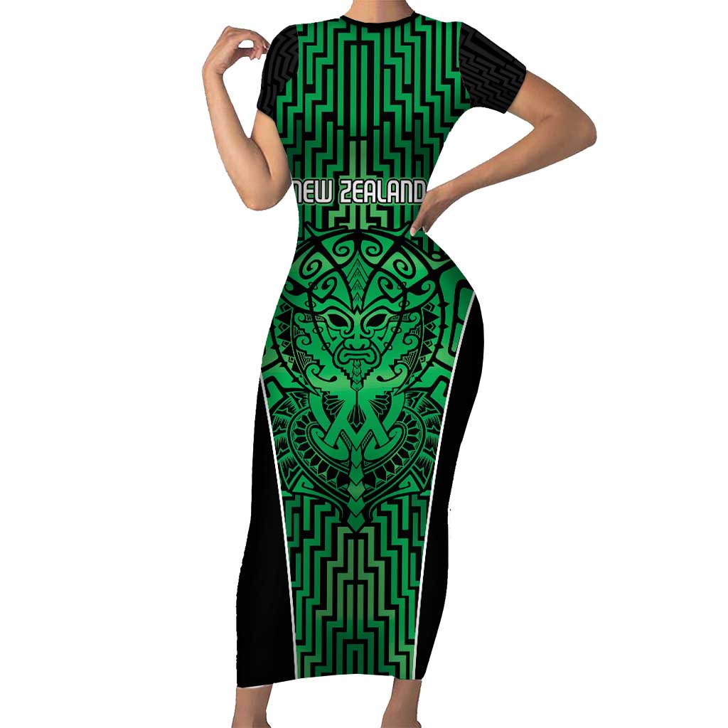 Custom Basketball New Zealand Family Matching Short Sleeve Bodycon Dress and Hawaiian Shirt Green Maori Ta Moko Indigenous LT9 Mom's Dress Green - Polynesian Pride