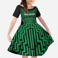 Custom Basketball New Zealand Family Matching Tank Maxi Dress and Hawaiian Shirt Green Maori Ta Moko Indigenous LT9 Daughter's Dress Green - Polynesian Pride