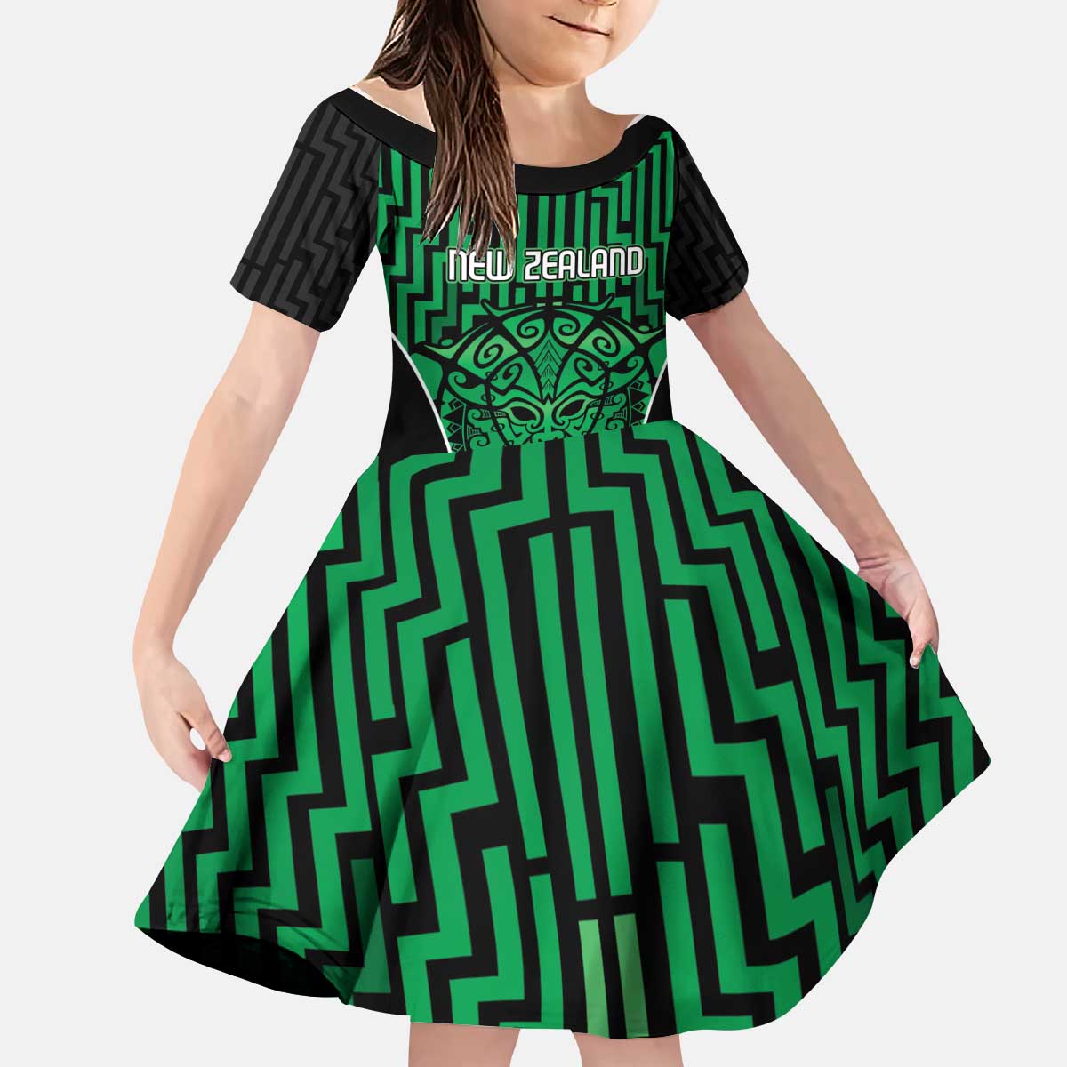 Custom Basketball New Zealand Kid Short Sleeve Dress Green Maori Ta Moko Indigenous - Polynesian Pride