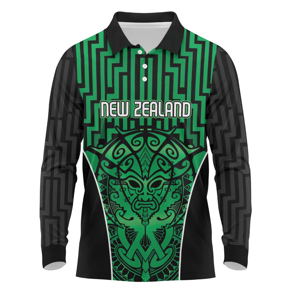 Custom Basketball New Zealand Long Sleeve Polo Shirt Green Maori Ta Moko Indigenous - Polynesian Pride