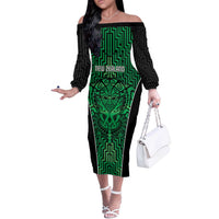 Custom Basketball New Zealand Off The Shoulder Long Sleeve Dress Green Maori Ta Moko Indigenous LT9 Women Green - Polynesian Pride