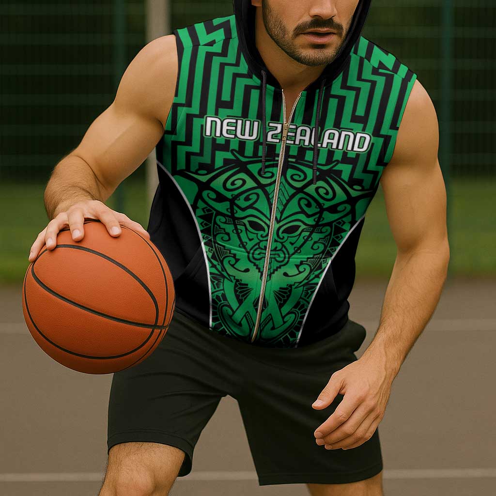 Custom Basketball New Zealand Sleeveless Zip Hoodie Green Maori Ta Moko Indigenous - Polynesian Pride
