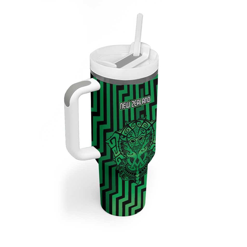 Custom Basketball New Zealand Tumbler With Handle Green Maori Ta Moko Indigenous - Polynesian Pride