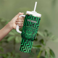 Custom Basketball New Zealand Tumbler With Handle Green Maori Ta Moko Indigenous - Polynesian Pride