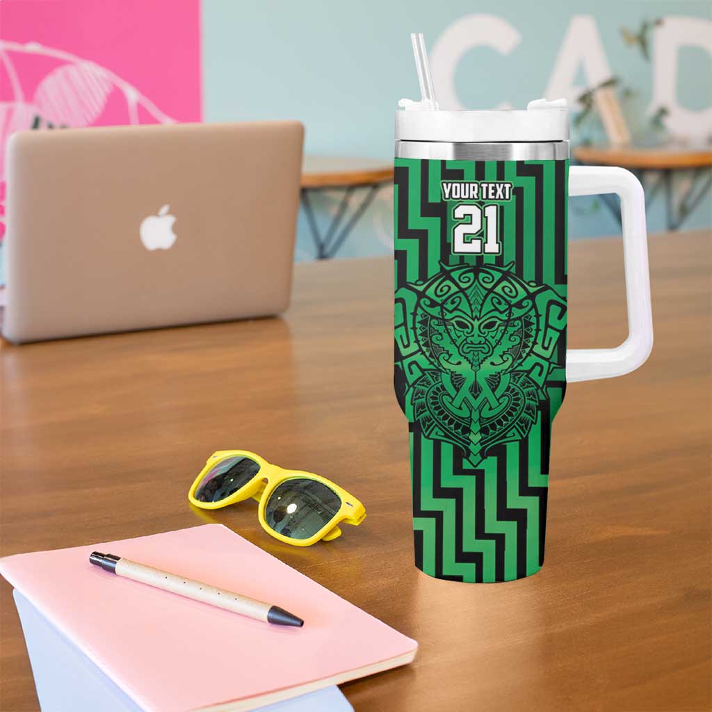 Custom Basketball New Zealand Tumbler With Handle Green Maori Ta Moko Indigenous - Polynesian Pride