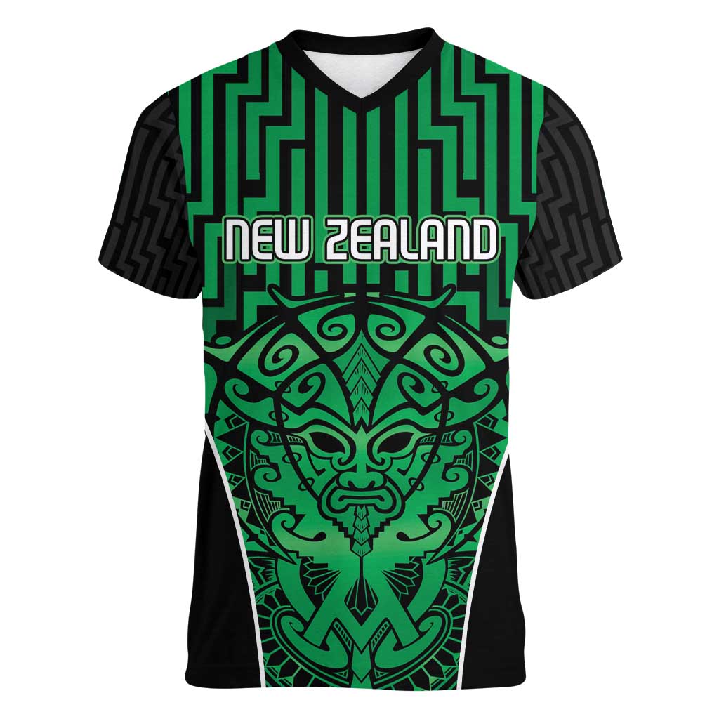 Custom Basketball New Zealand Women V-Neck T-Shirt Green Maori Ta Moko Indigenous LT9 Female Green - Polynesian Pride