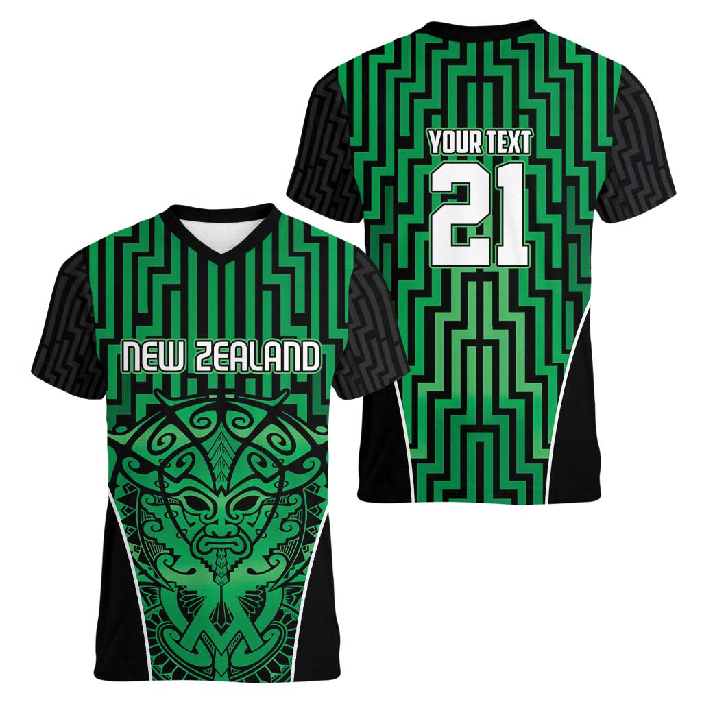 Custom Basketball New Zealand Women V-Neck T-Shirt Green Maori Ta Moko Indigenous LT9 - Polynesian Pride