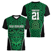 Custom Basketball New Zealand Women V-Neck T-Shirt Green Maori Ta Moko Indigenous LT9 - Polynesian Pride