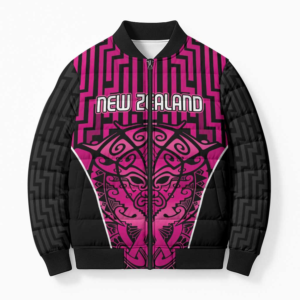Custom Basketball New Zealand Bomber Puffer Jacket Pink Maori Ta Moko Indigenous - Polynesian Pride