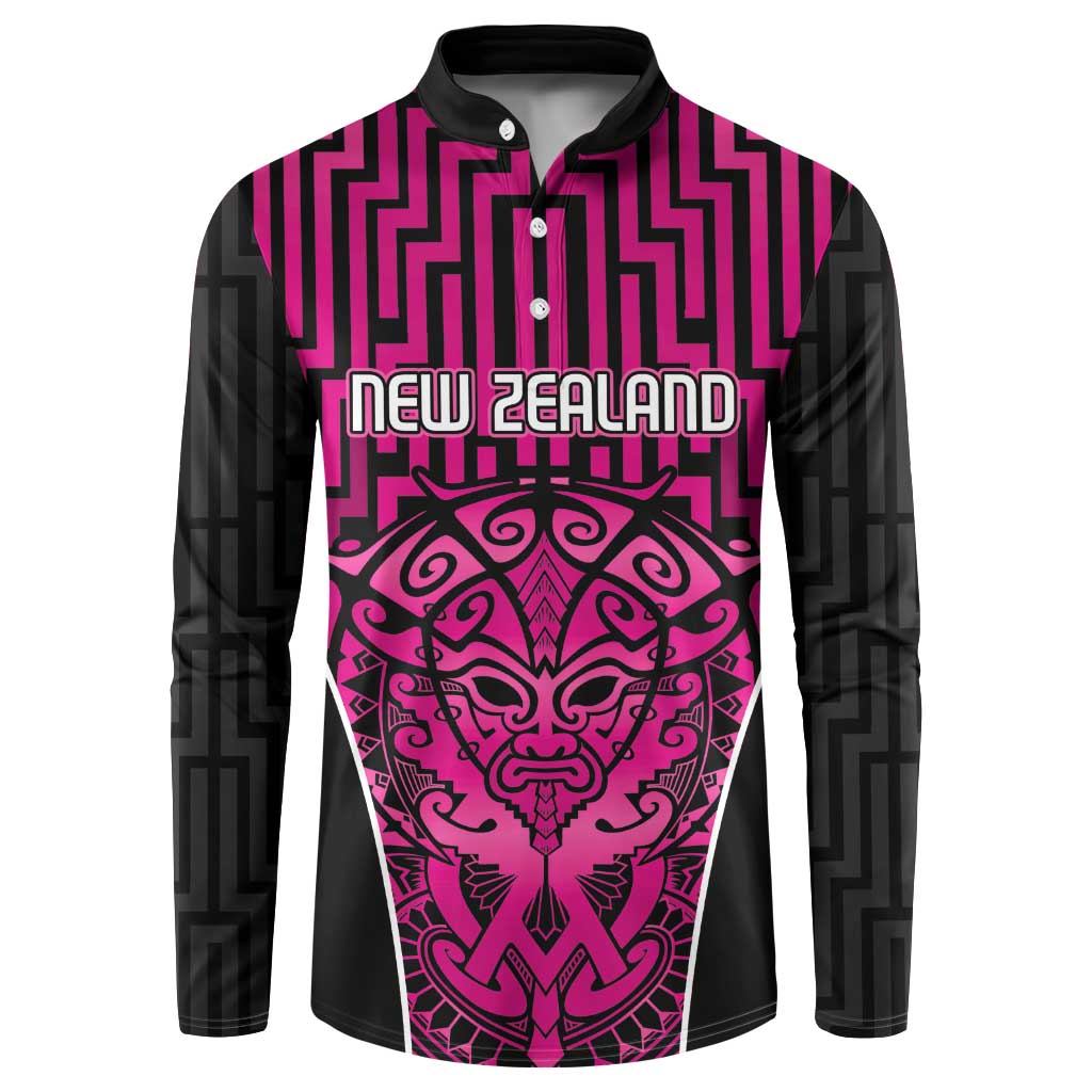 Custom Basketball New Zealand Button Sweatshirt Pink Maori Ta Moko Indigenous - Polynesian Pride