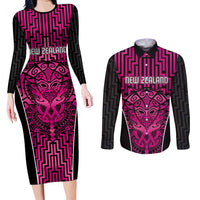 Custom Basketball New Zealand Couples Matching Long Sleeve Bodycon Dress and Long Sleeve Button Shirt Pink Maori Ta Moko Indigenous - Polynesian Pride