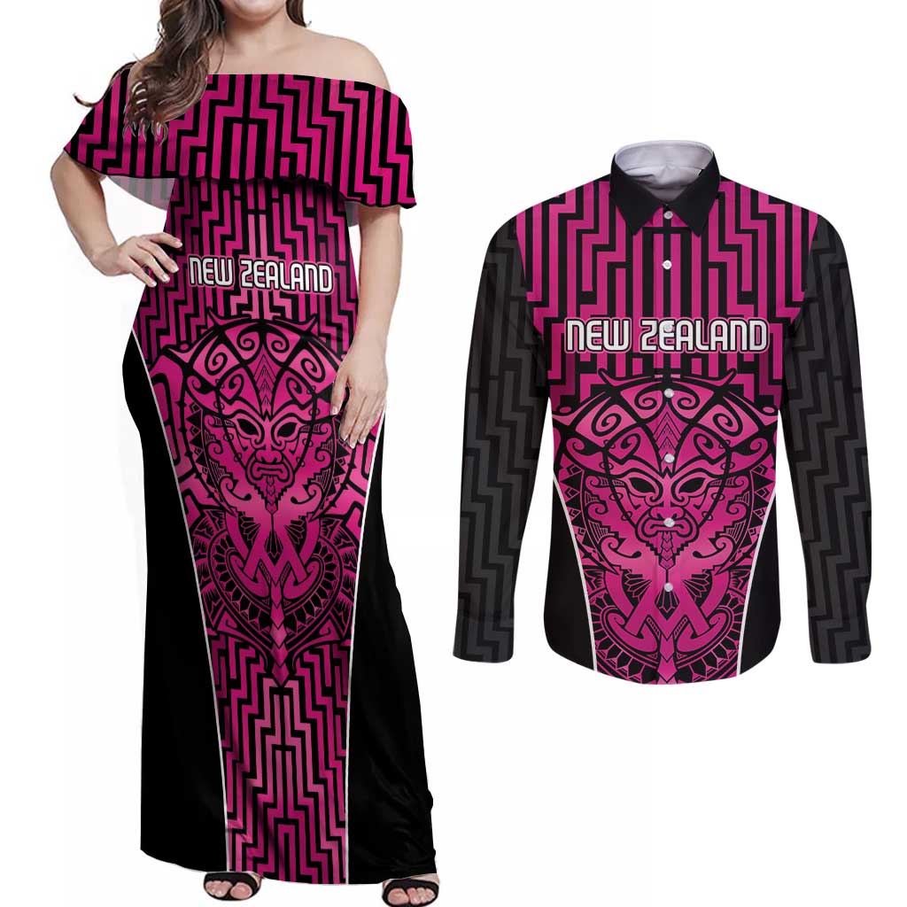 Custom Basketball New Zealand Couples Matching Off Shoulder Maxi Dress and Long Sleeve Button Shirt Pink Maori Ta Moko Indigenous LT9 Pink - Polynesian Pride