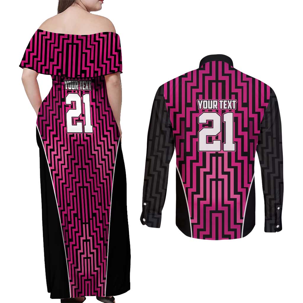 Custom Basketball New Zealand Couples Matching Off Shoulder Maxi Dress and Long Sleeve Button Shirt Pink Maori Ta Moko Indigenous LT9 - Polynesian Pride
