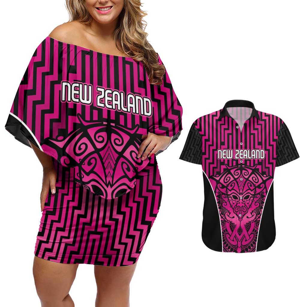 Custom Basketball New Zealand Couples Matching Off Shoulder Short Dress and Hawaiian Shirt Pink Maori Ta Moko Indigenous LT9 Pink - Polynesian Pride