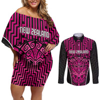 Custom Basketball New Zealand Couples Matching Off Shoulder Short Dress and Long Sleeve Button Shirt Pink Maori Ta Moko Indigenous LT9 Pink - Polynesian Pride