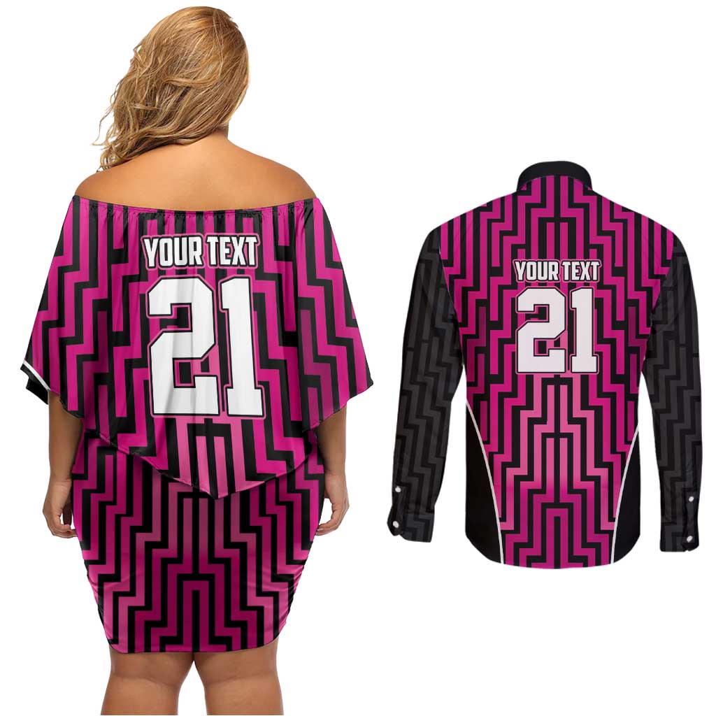 Custom Basketball New Zealand Couples Matching Off Shoulder Short Dress and Long Sleeve Button Shirt Pink Maori Ta Moko Indigenous LT9 - Polynesian Pride