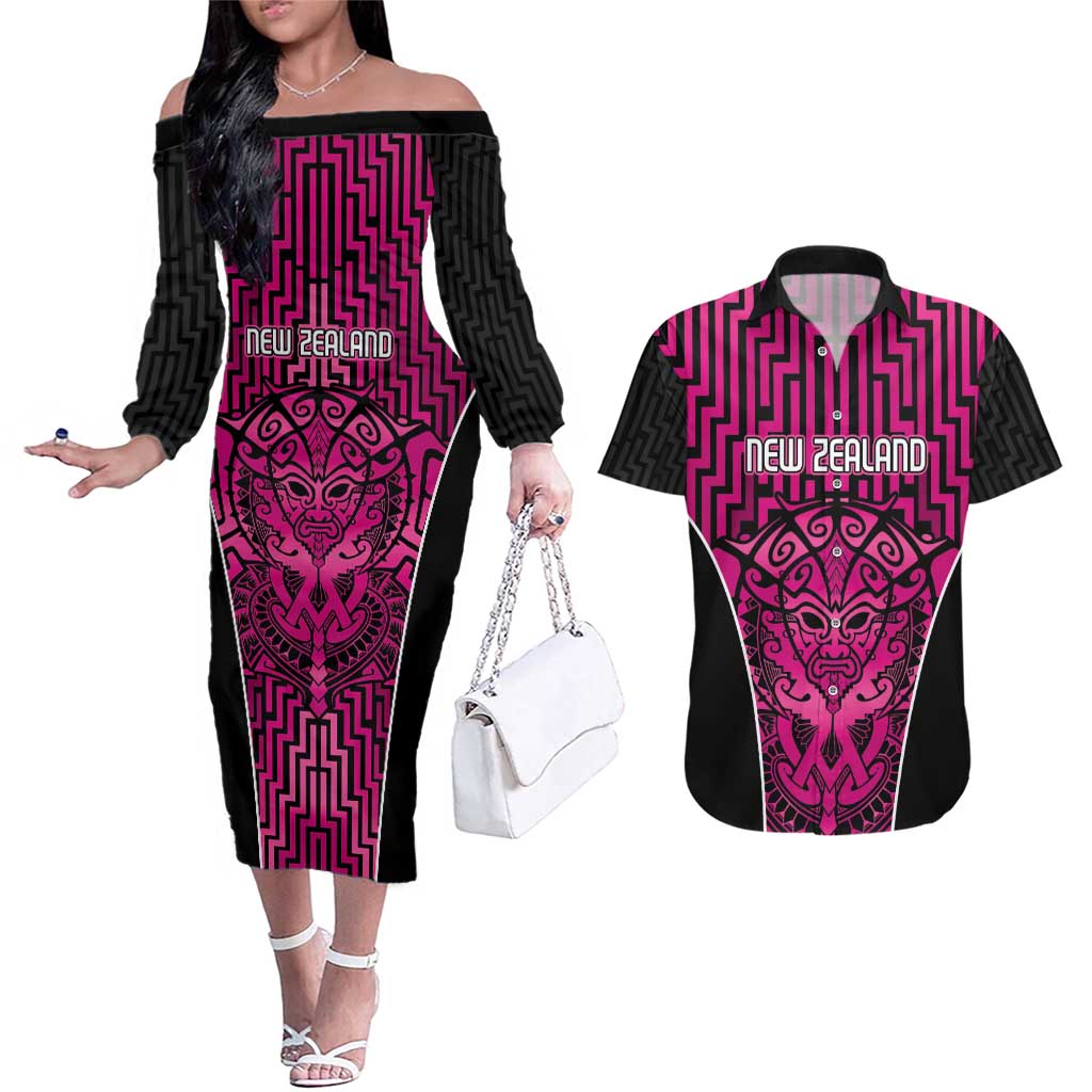 Custom Basketball New Zealand Couples Matching Off The Shoulder Long Sleeve Dress and Hawaiian Shirt Pink Maori Ta Moko Indigenous - Polynesian Pride