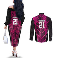 Custom Basketball New Zealand Couples Matching Off The Shoulder Long Sleeve Dress and Long Sleeve Button Shirt Pink Maori Ta Moko Indigenous - Polynesian Pride