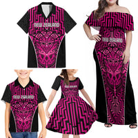 Custom Basketball New Zealand Family Matching Off Shoulder Maxi Dress and Hawaiian Shirt Pink Maori Ta Moko Indigenous LT9 - Polynesian Pride