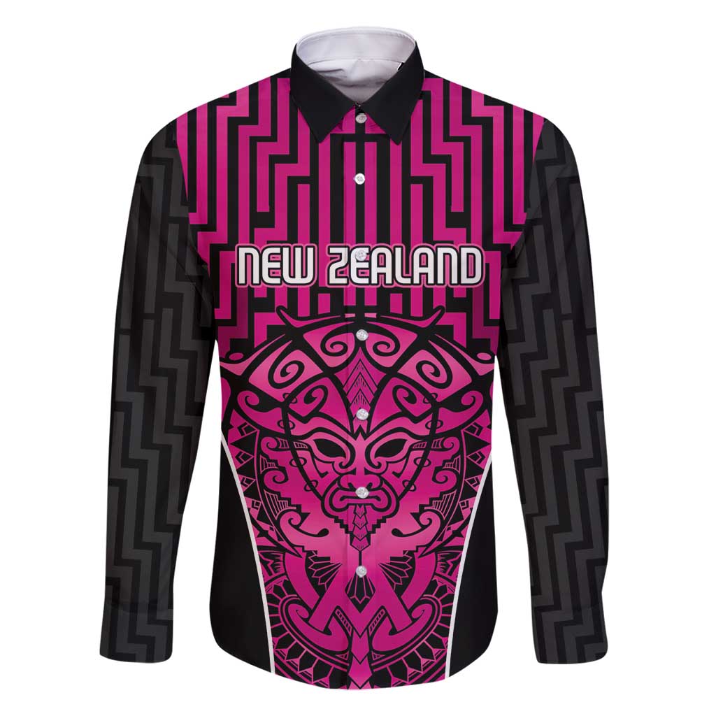 Custom Basketball New Zealand Family Matching Off Shoulder Maxi Dress and Hawaiian Shirt Pink Maori Ta Moko Indigenous LT9 Dad's Shirt - Long Sleeve Pink - Polynesian Pride
