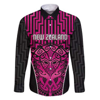 Custom Basketball New Zealand Family Matching Off Shoulder Maxi Dress and Hawaiian Shirt Pink Maori Ta Moko Indigenous LT9 Dad's Shirt - Long Sleeve Pink - Polynesian Pride