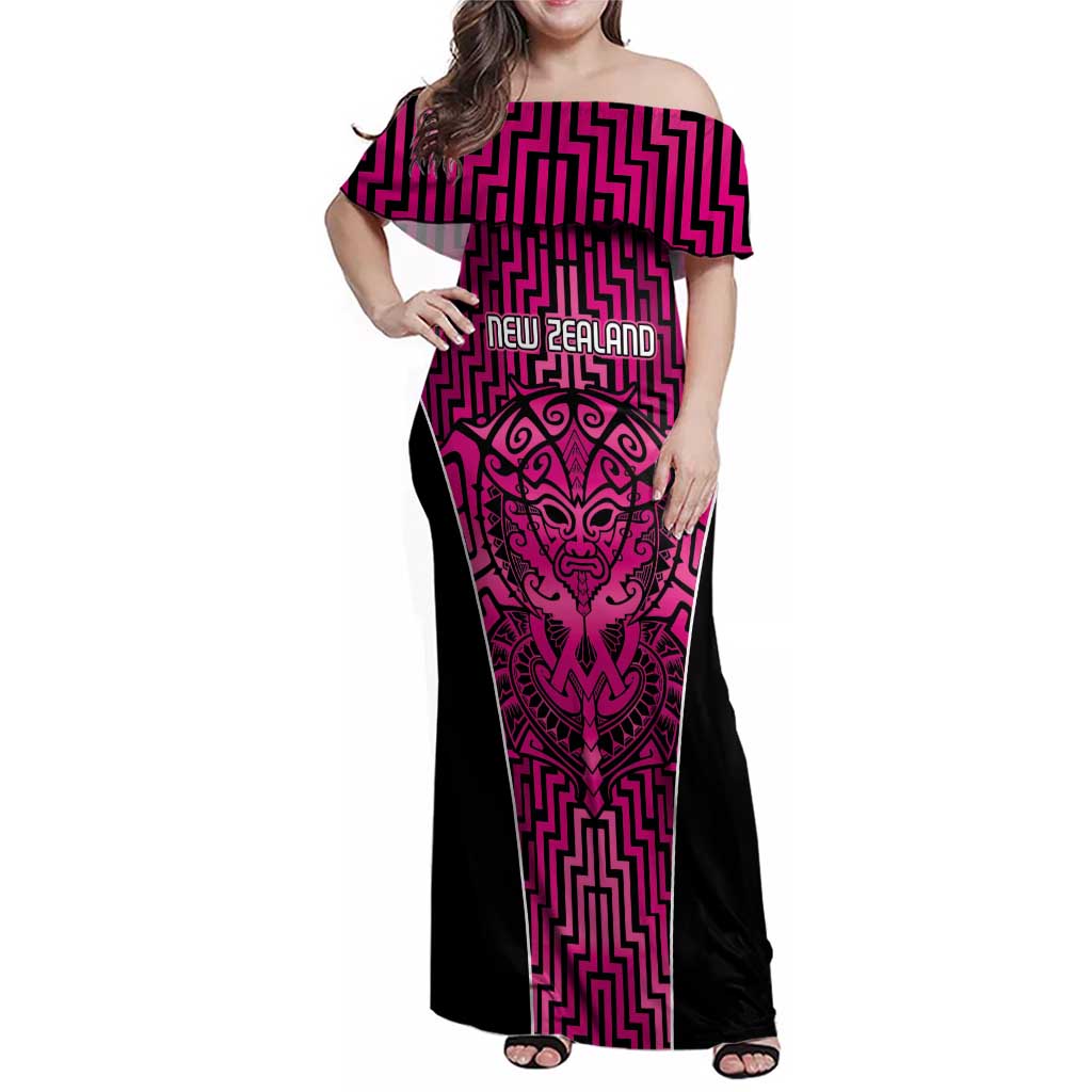 Custom Basketball New Zealand Family Matching Off Shoulder Maxi Dress and Hawaiian Shirt Pink Maori Ta Moko Indigenous LT9 Mom's Dress Pink - Polynesian Pride