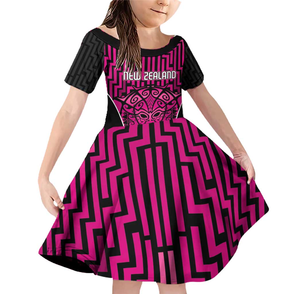 Custom Basketball New Zealand Family Matching Off Shoulder Short Dress and Hawaiian Shirt Pink Maori Ta Moko Indigenous LT9 Daughter's Dress Pink - Polynesian Pride