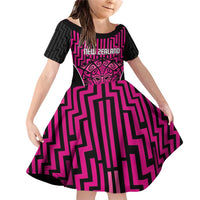 Custom Basketball New Zealand Family Matching Off Shoulder Short Dress and Hawaiian Shirt Pink Maori Ta Moko Indigenous LT9 Daughter's Dress Pink - Polynesian Pride