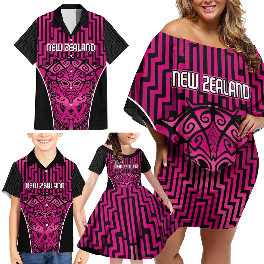 Custom Basketball New Zealand Family Matching Off Shoulder Short Dress and Hawaiian Shirt Pink Maori Ta Moko Indigenous LT9 - Polynesian Pride