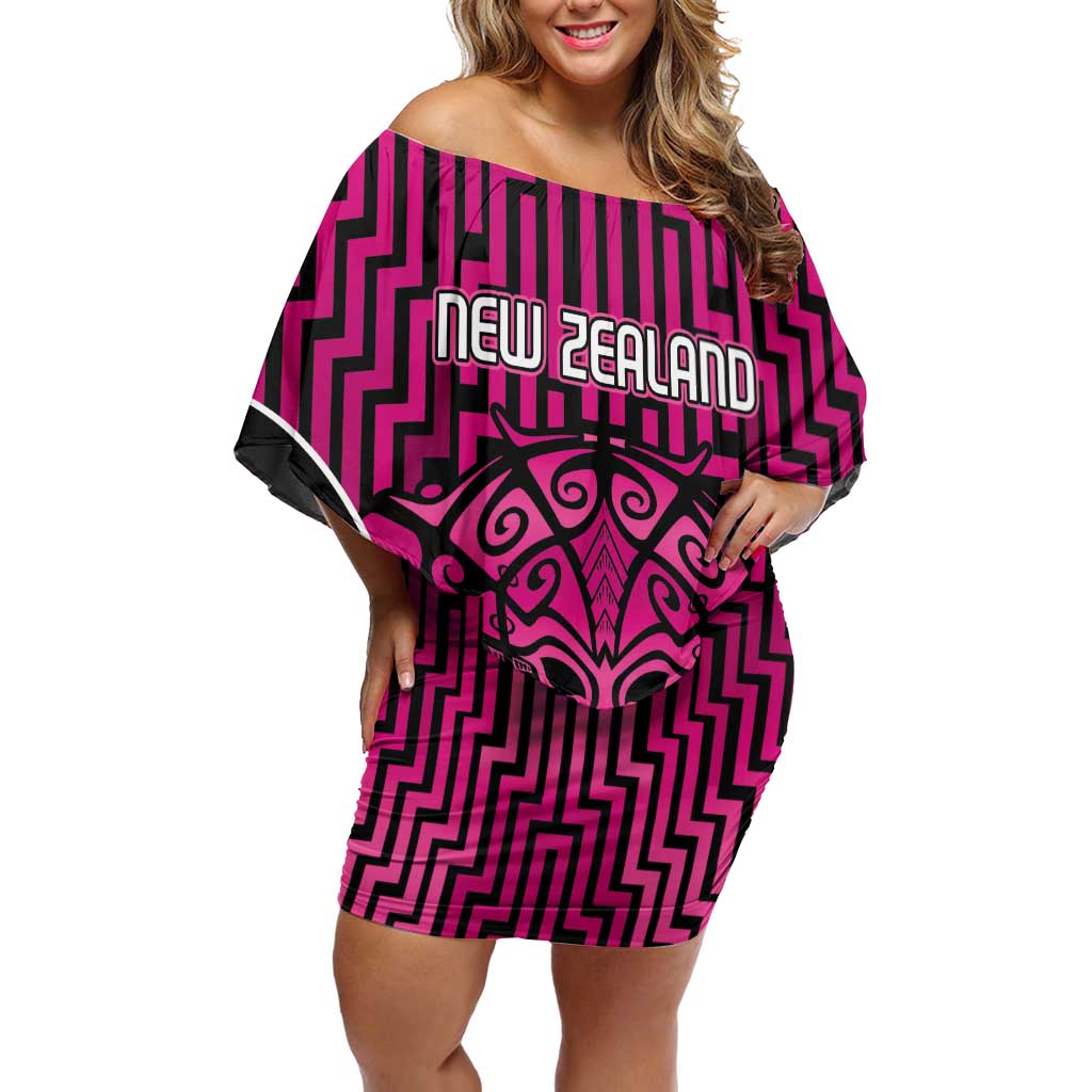 Custom Basketball New Zealand Family Matching Off Shoulder Short Dress and Hawaiian Shirt Pink Maori Ta Moko Indigenous LT9 Mom's Dress Pink - Polynesian Pride