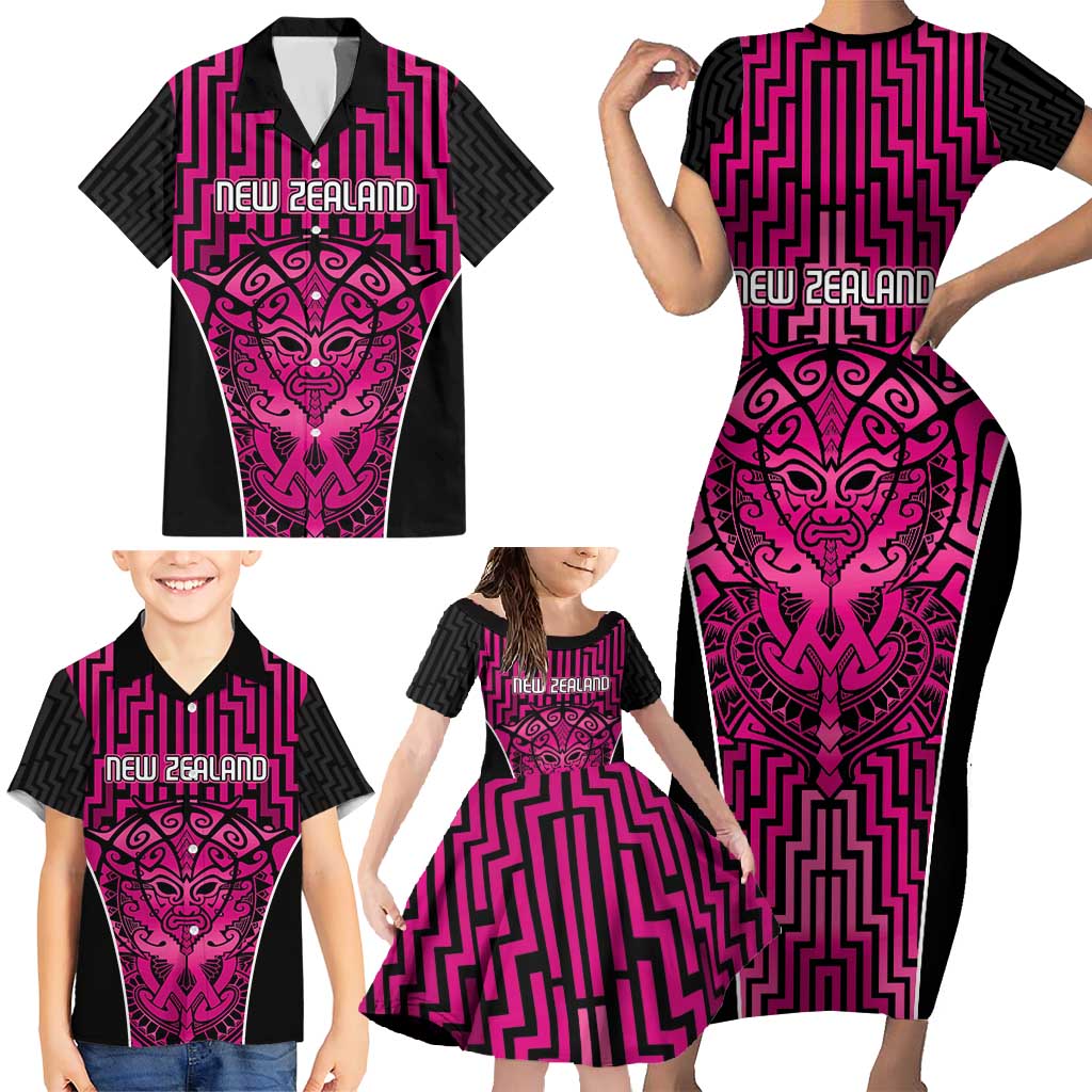 Custom Basketball New Zealand Family Matching Short Sleeve Bodycon Dress and Hawaiian Shirt Pink Maori Ta Moko Indigenous - Polynesian Pride