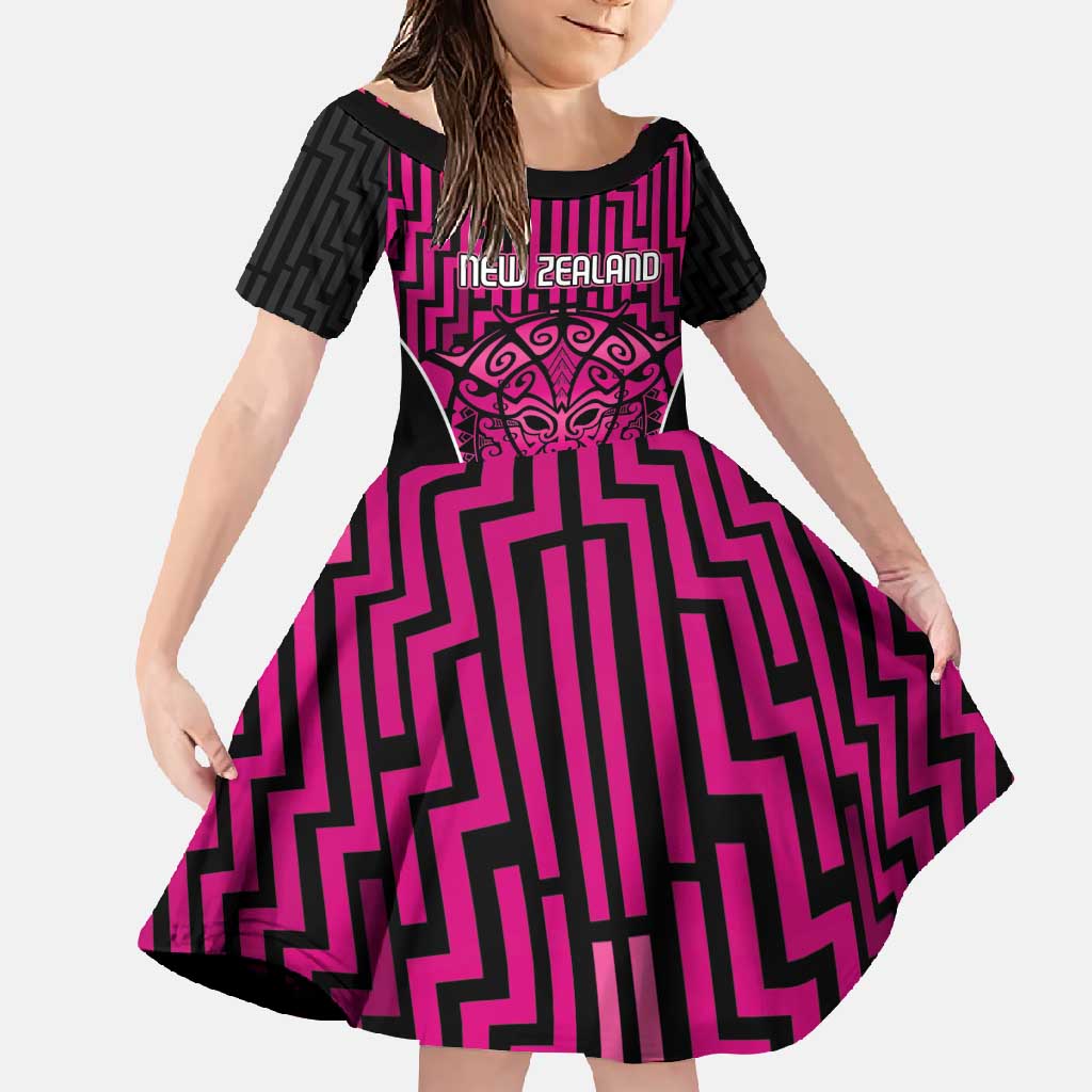 Custom Basketball New Zealand Family Matching Tank Maxi Dress and Hawaiian Shirt Pink Maori Ta Moko Indigenous LT9 Daughter's Dress Pink - Polynesian Pride