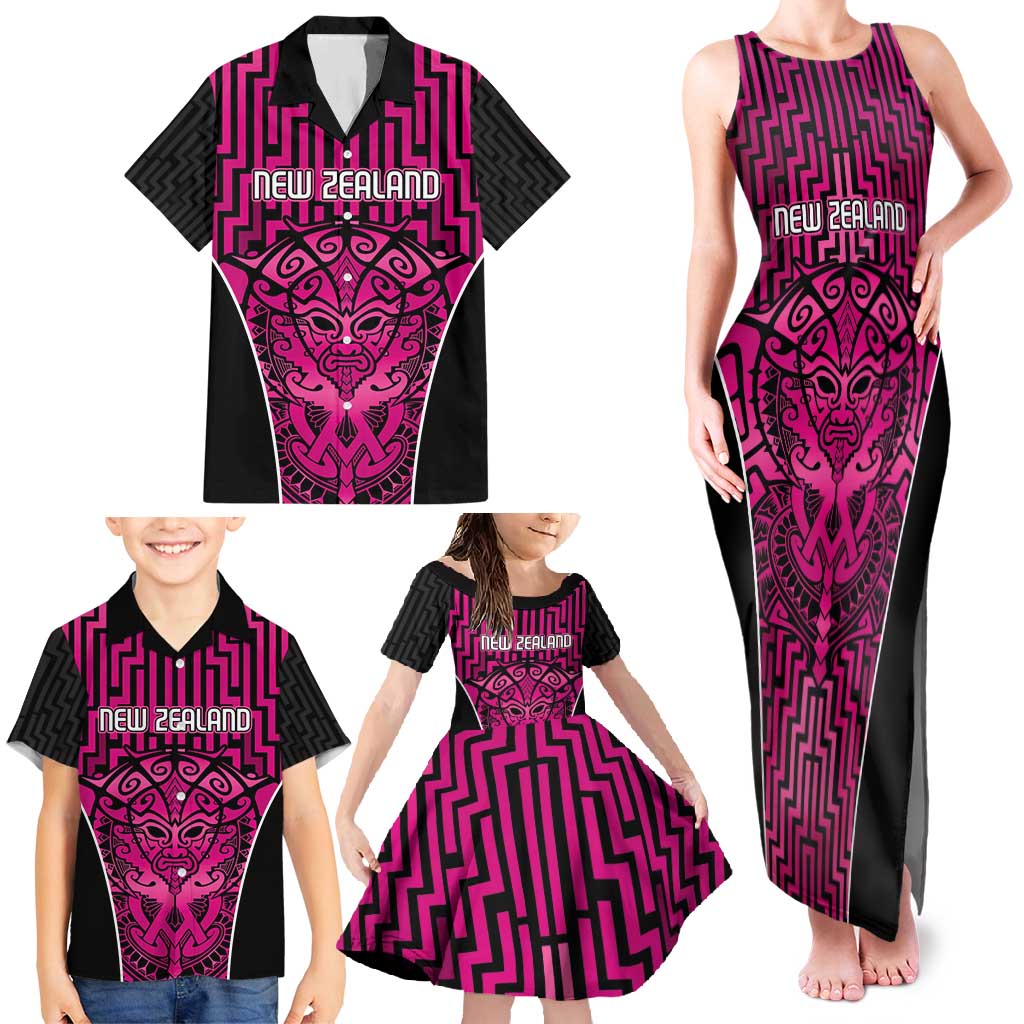 Custom Basketball New Zealand Family Matching Tank Maxi Dress and Hawaiian Shirt Pink Maori Ta Moko Indigenous LT9 - Polynesian Pride