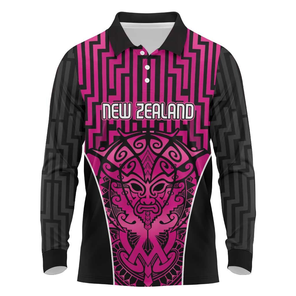Custom Basketball New Zealand Long Sleeve Polo Shirt Pink Maori Ta Moko Indigenous - Polynesian Pride