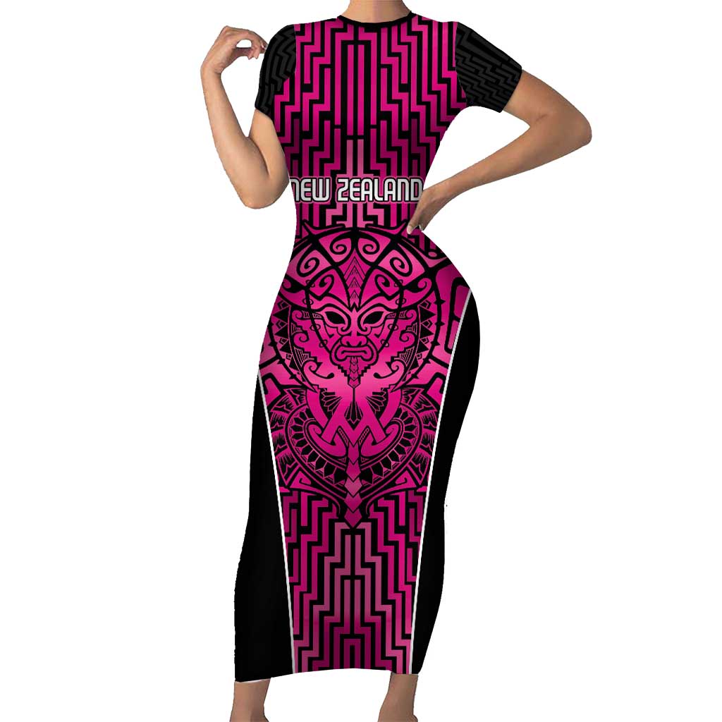 Custom Basketball New Zealand Short Sleeve Bodycon Dress Pink Maori Ta Moko Indigenous LT9 Long Dress Pink - Polynesian Pride