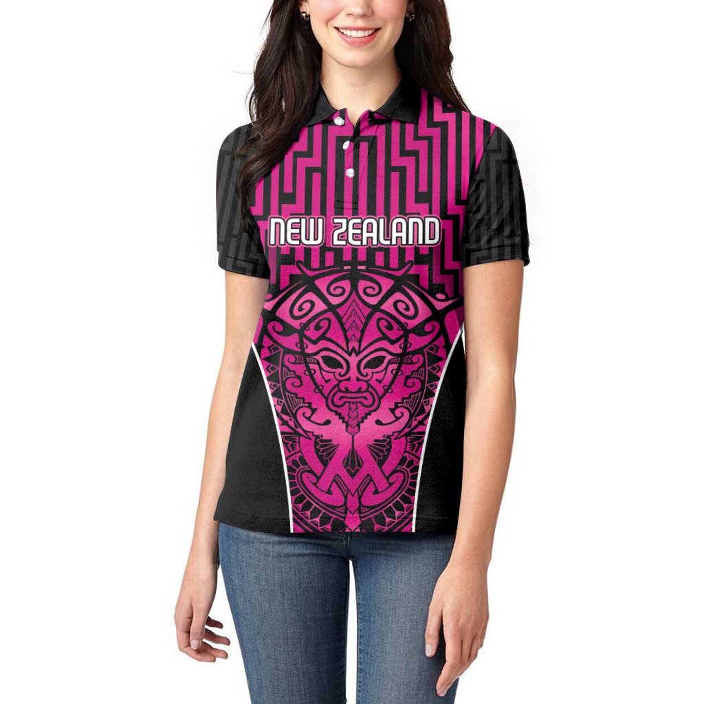 Custom Basketball New Zealand Women Polo Shirt Pink Maori Ta Moko Indigenous LT9 - Polynesian Pride