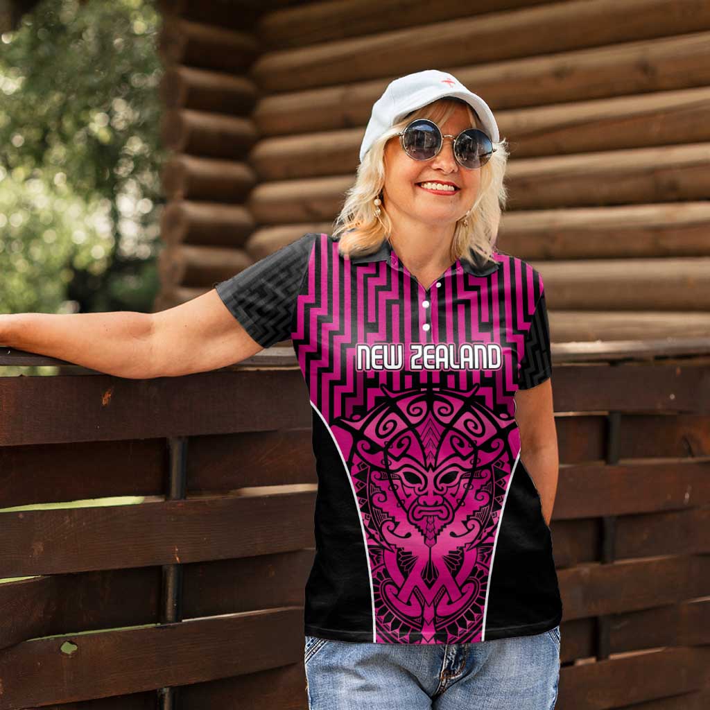 Custom Basketball New Zealand Women Polo Shirt Pink Maori Ta Moko Indigenous LT9 - Polynesian Pride