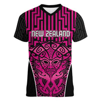 Custom Basketball New Zealand Women V-Neck T-Shirt Pink Maori Ta Moko Indigenous LT9 Female Pink - Polynesian Pride