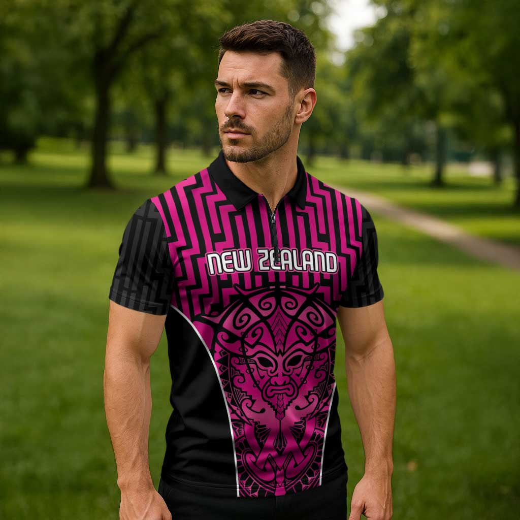 Custom Basketball New Zealand Zipper Polo Shirt Pink Maori Ta Moko Indigenous - Polynesian Pride