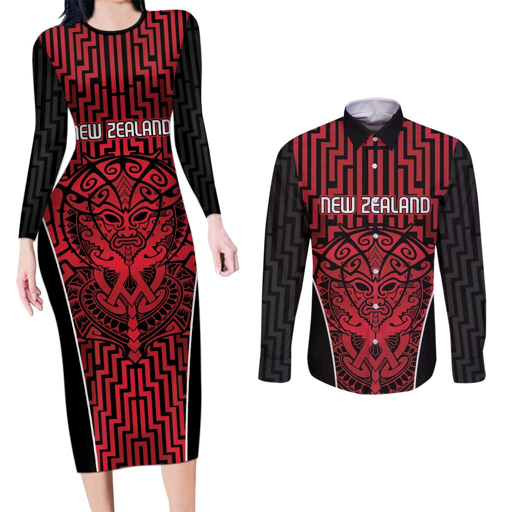 Custom Basketball New Zealand Couples Matching Long Sleeve Bodycon Dress and Long Sleeve Button Shirt Red Maori Ta Moko Indigenous - Polynesian Pride