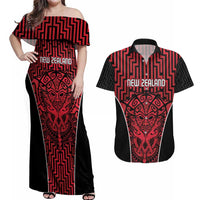 Custom Basketball New Zealand Couples Matching Off Shoulder Maxi Dress and Hawaiian Shirt Red Maori Ta Moko Indigenous LT9 Red - Polynesian Pride