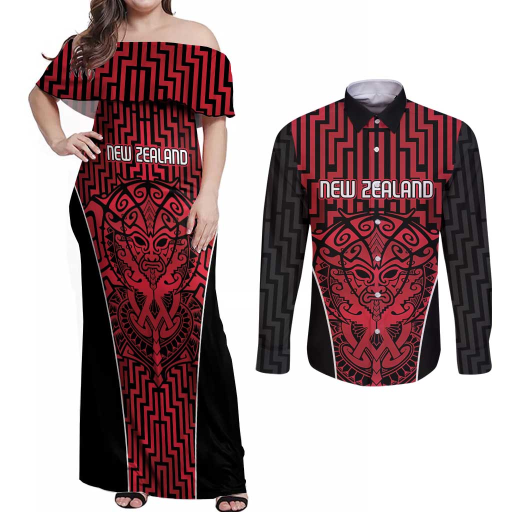 Custom Basketball New Zealand Couples Matching Off Shoulder Maxi Dress and Long Sleeve Button Shirt Red Maori Ta Moko Indigenous LT9 Red - Polynesian Pride