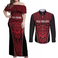 Custom Basketball New Zealand Couples Matching Off Shoulder Maxi Dress and Long Sleeve Button Shirt Red Maori Ta Moko Indigenous LT9 Red - Polynesian Pride