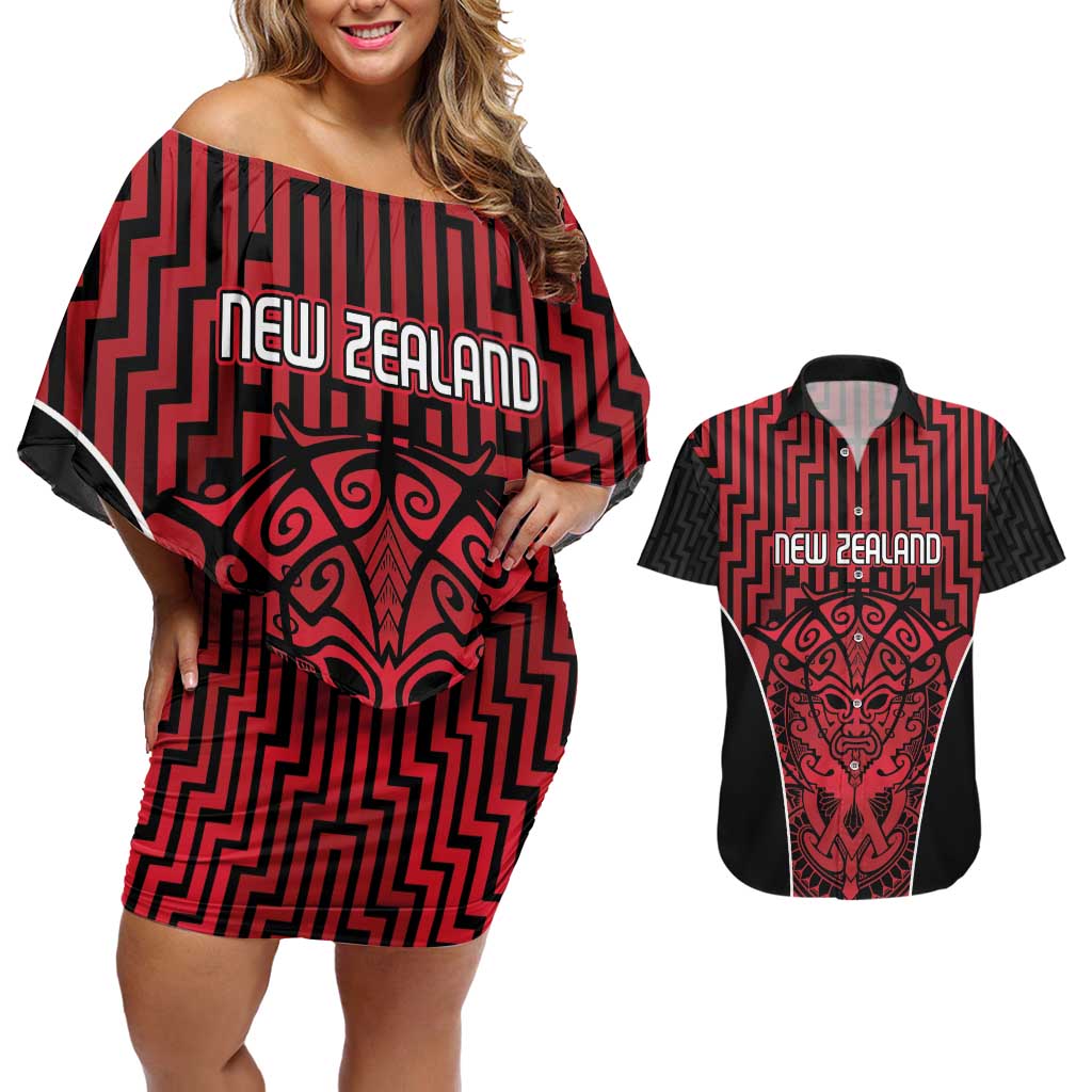 Custom Basketball New Zealand Couples Matching Off Shoulder Short Dress and Hawaiian Shirt Red Maori Ta Moko Indigenous LT9 Red - Polynesian Pride