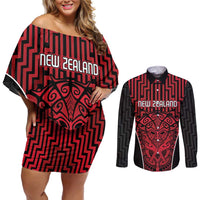 Custom Basketball New Zealand Couples Matching Off Shoulder Short Dress and Long Sleeve Button Shirt Red Maori Ta Moko Indigenous LT9 Red - Polynesian Pride